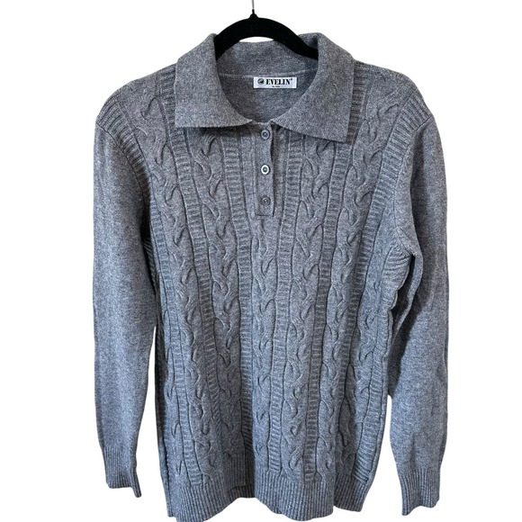 Evelin Sweater Womens XL Italian Thin Cable Knit Collared Gray‎ Sweater Soft - Picture 5 of 5